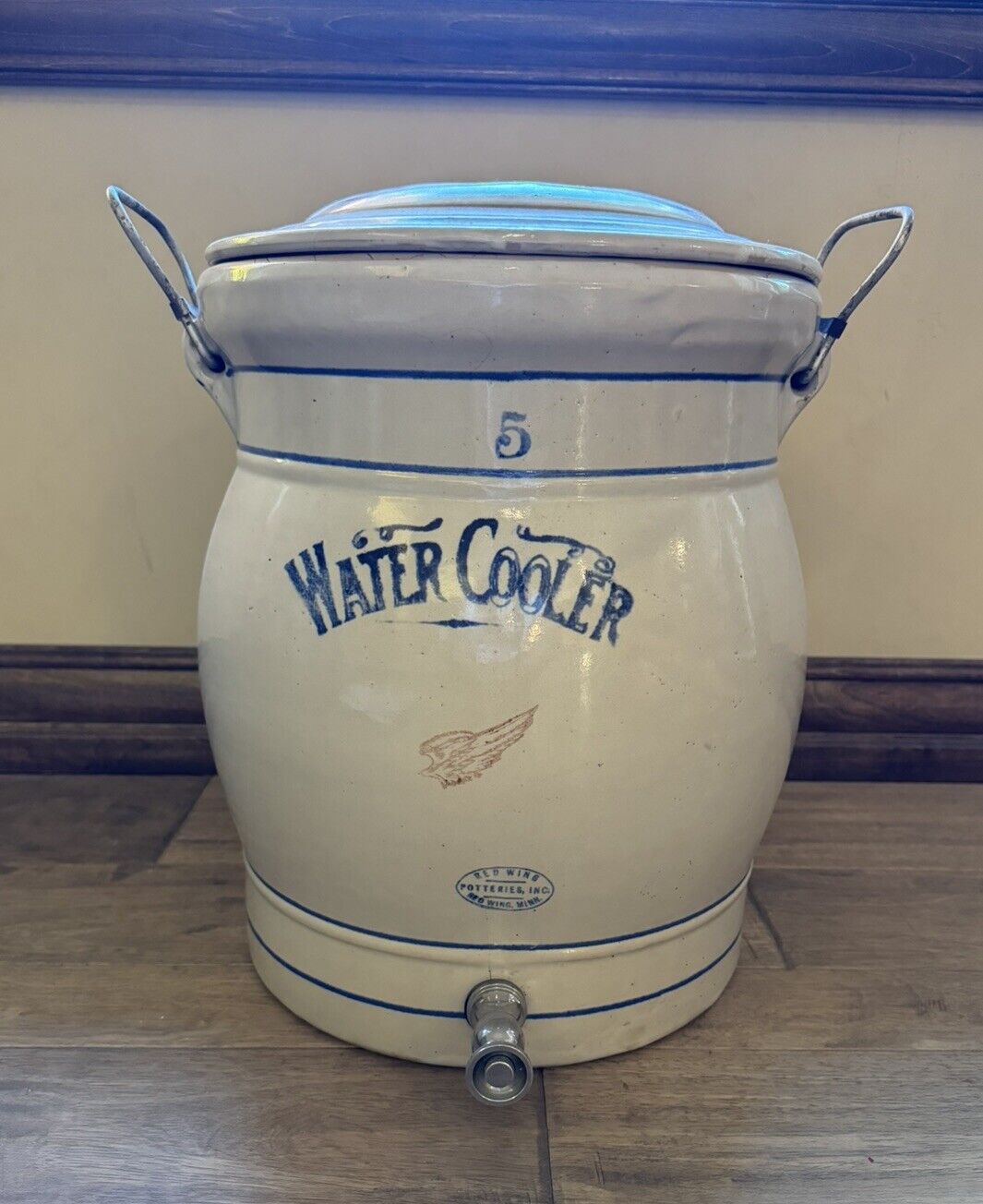Large Rare Antique REDWING 5 Gallon Stoneware Water Cooler Dispenser w/Lid