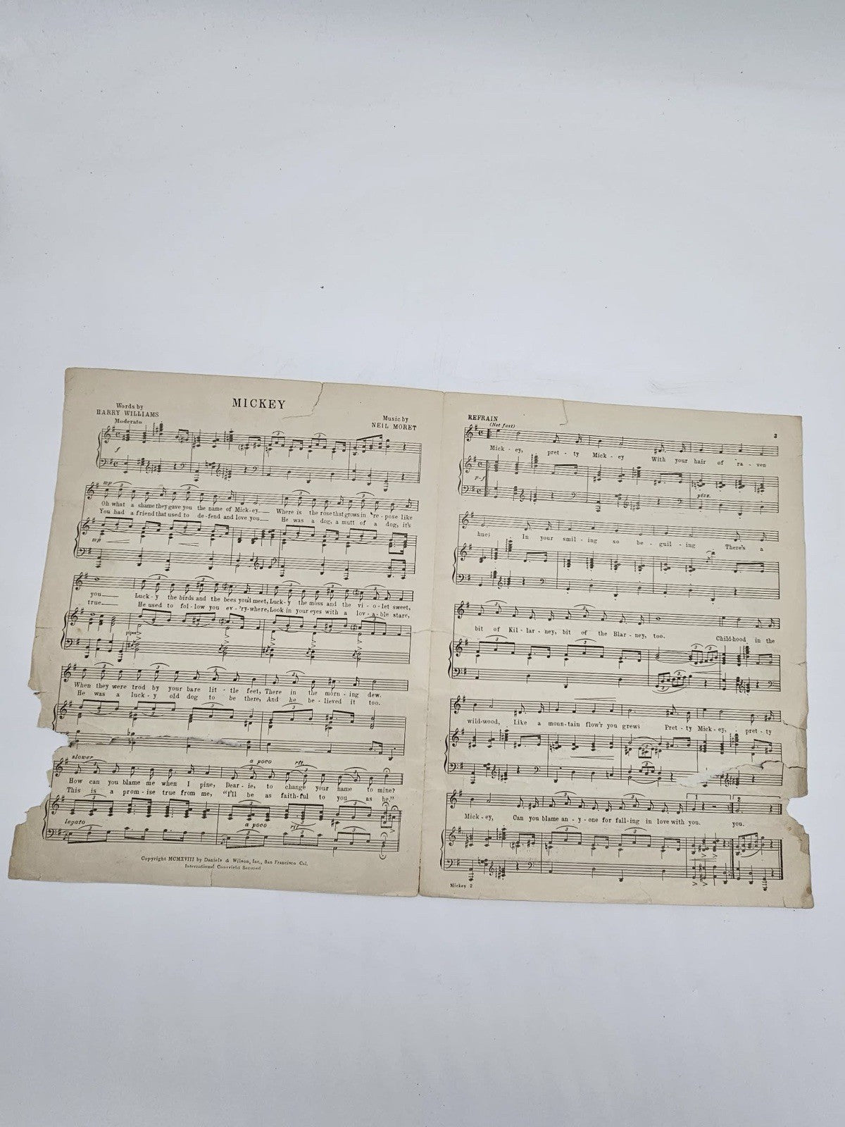 Mickey Sheet Music Harry Williams/Neil Moret 1917 Piano Vocals