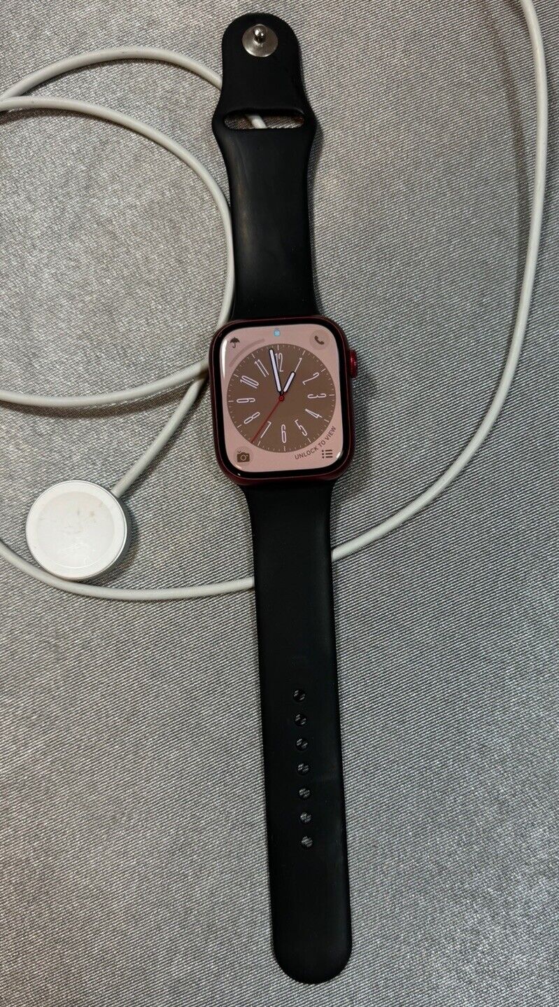 Apple Watch Series 7 45mm Red Aluminum Case with Black Sport Band & Cord JWL