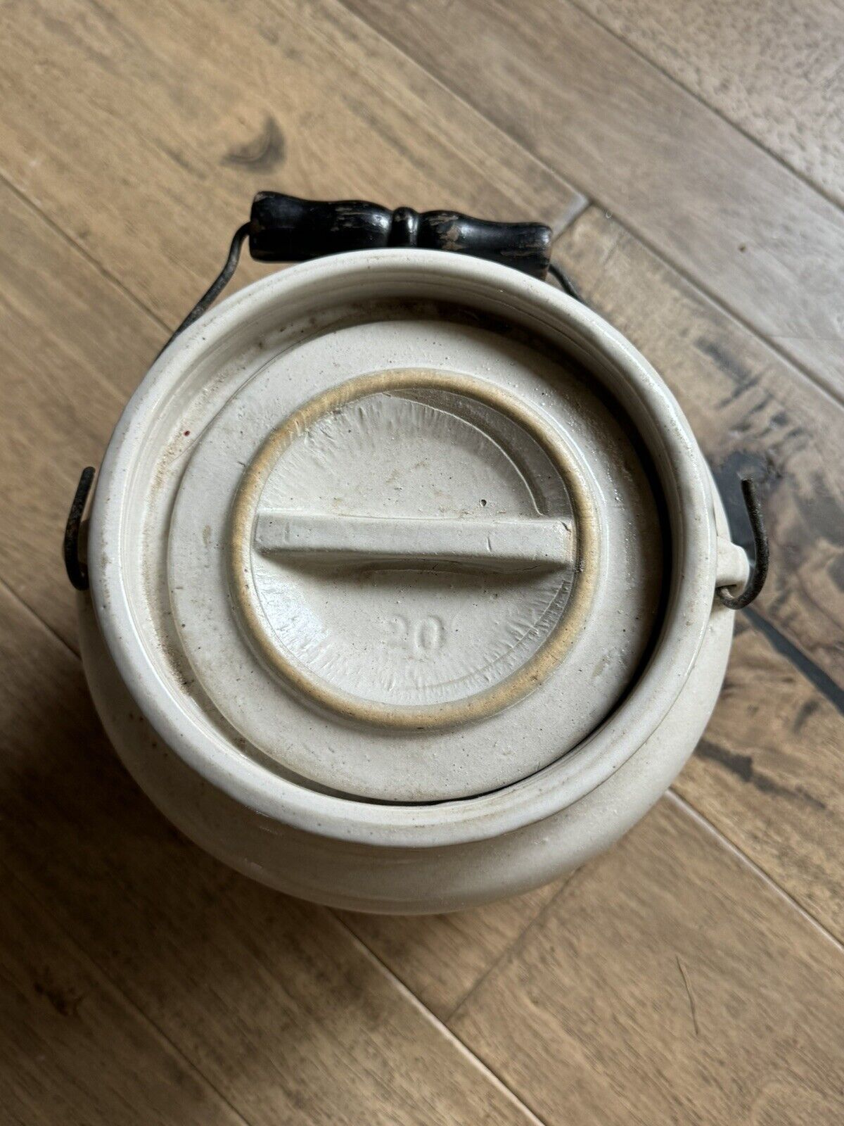 Antique Stoneware Pottery Crock with Lid, Salt Glaze, Metal and Wood Handle