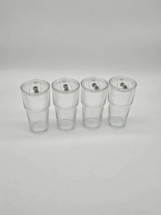 4 Pack 20oz Glass Cups with Lids, Vintage Ribbed Glassware