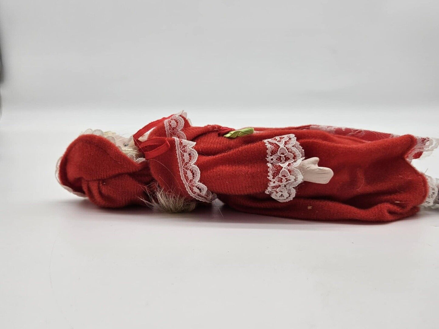 Bisque Porcelain 9" Doll Wearing Red Dress W/Shawl & Hat Black Painted On Shoes