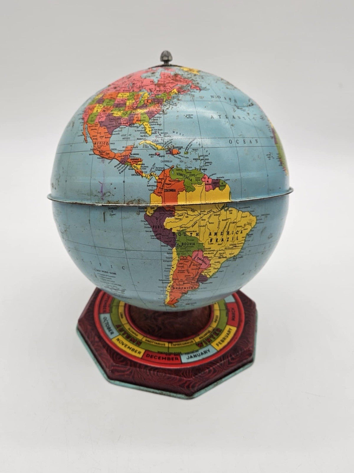 J Chein Antique Tin Litho Metal Globe Seasons Months Zodiac Base Lindbergh Route