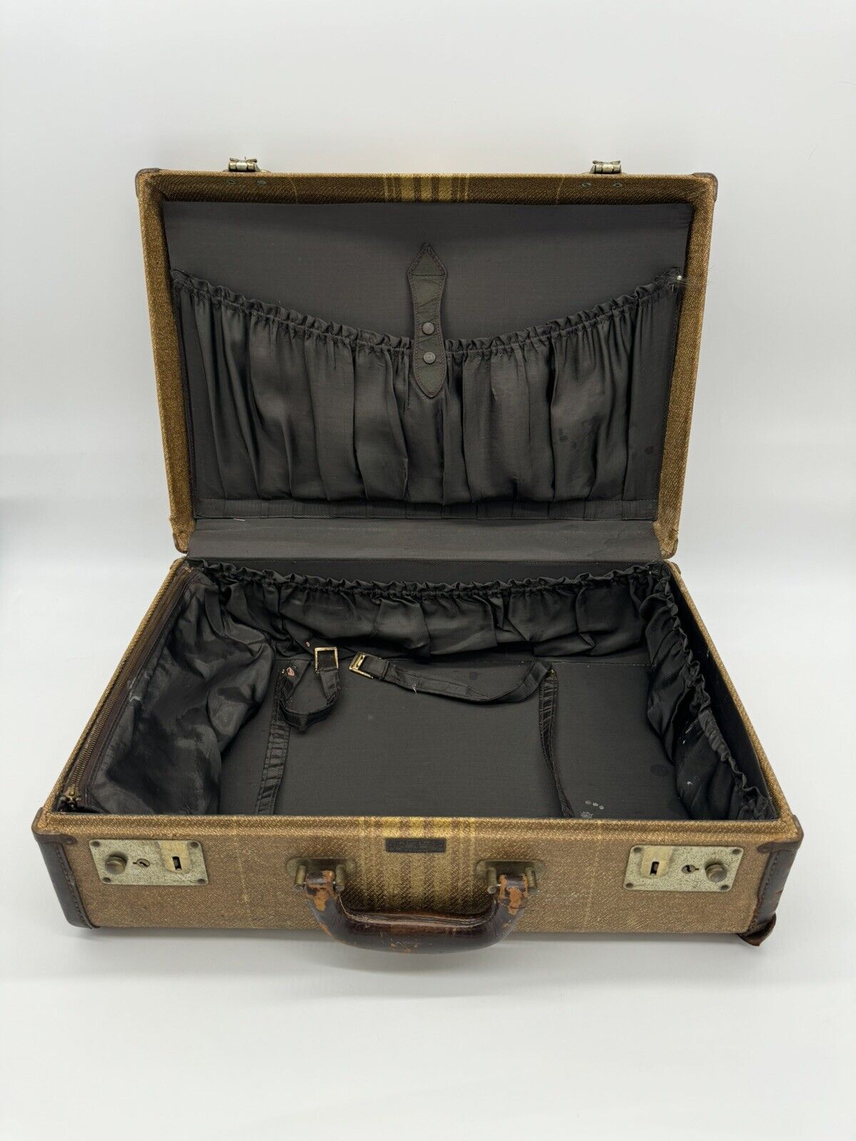 Vintage 1930-40s  Striped Suitcase By Crown W/Leather Trim