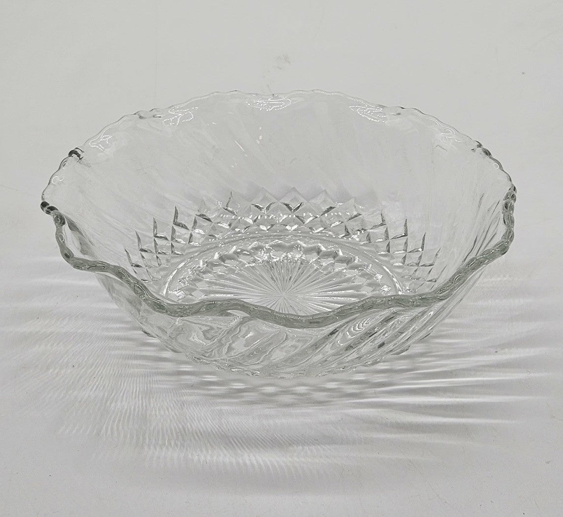 Vintage Pressed Glass Serving Bowl Scalloped Rim Swirl Diamond Starburst