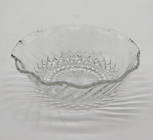 Vintage Pressed Glass Serving Bowl Scalloped Rim Swirl Diamond Starburst