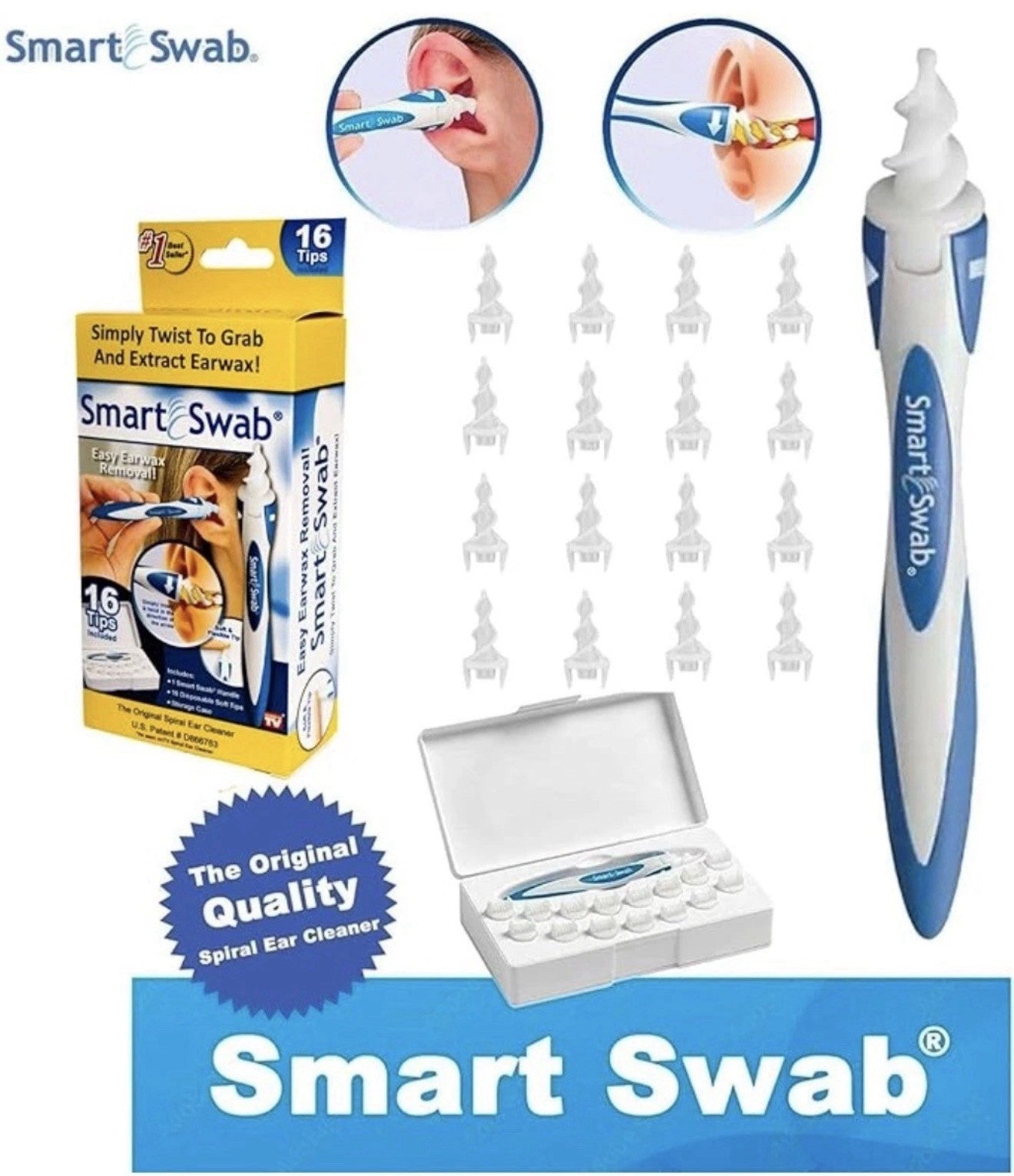 Smart Swab The Original Safe Spiral Ear Wax Remover Kit with 16 Replaceable Tips