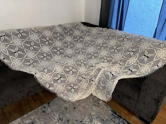 GORGEOUS Antique Hand Crocheted Bedspread Throw 120” X 90” King Sized VTG