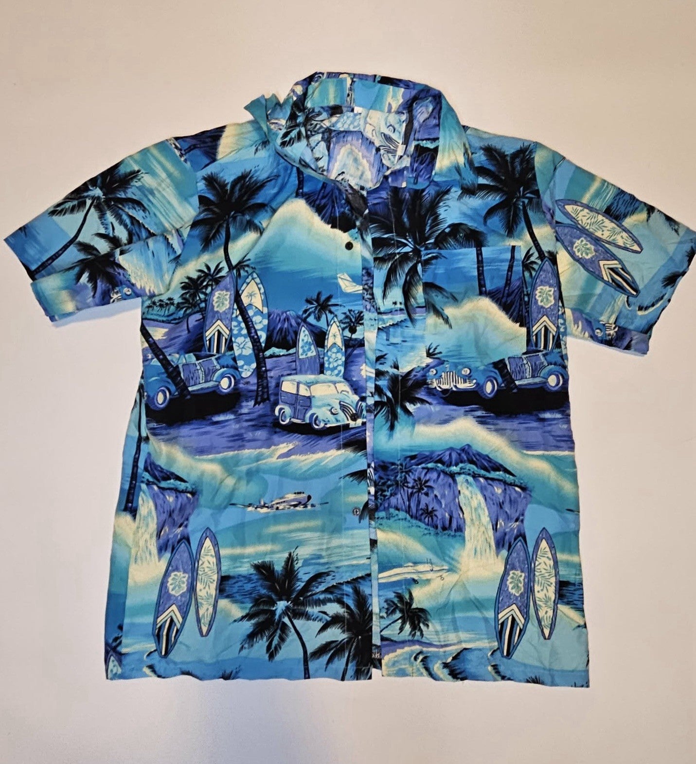 Vintage Style Blue Hawaiian Shirt Surf Beach Scene Button Up Men’s Sz L
