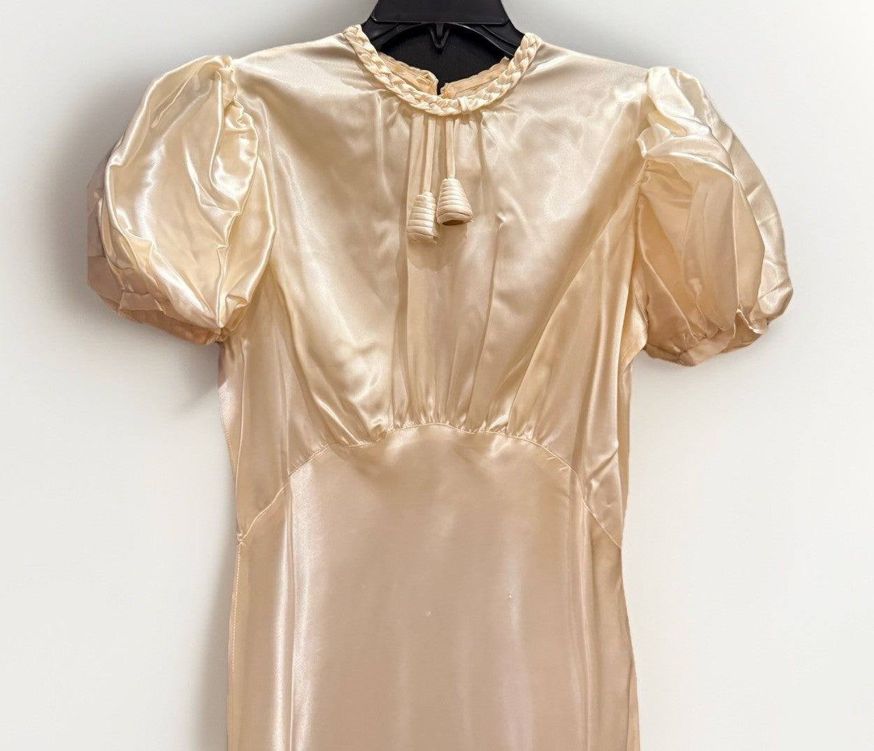 1930s Vintage Ivory Satin Gown w/ Puff Sleeves & Button Back ~ Art Deco Bridal
