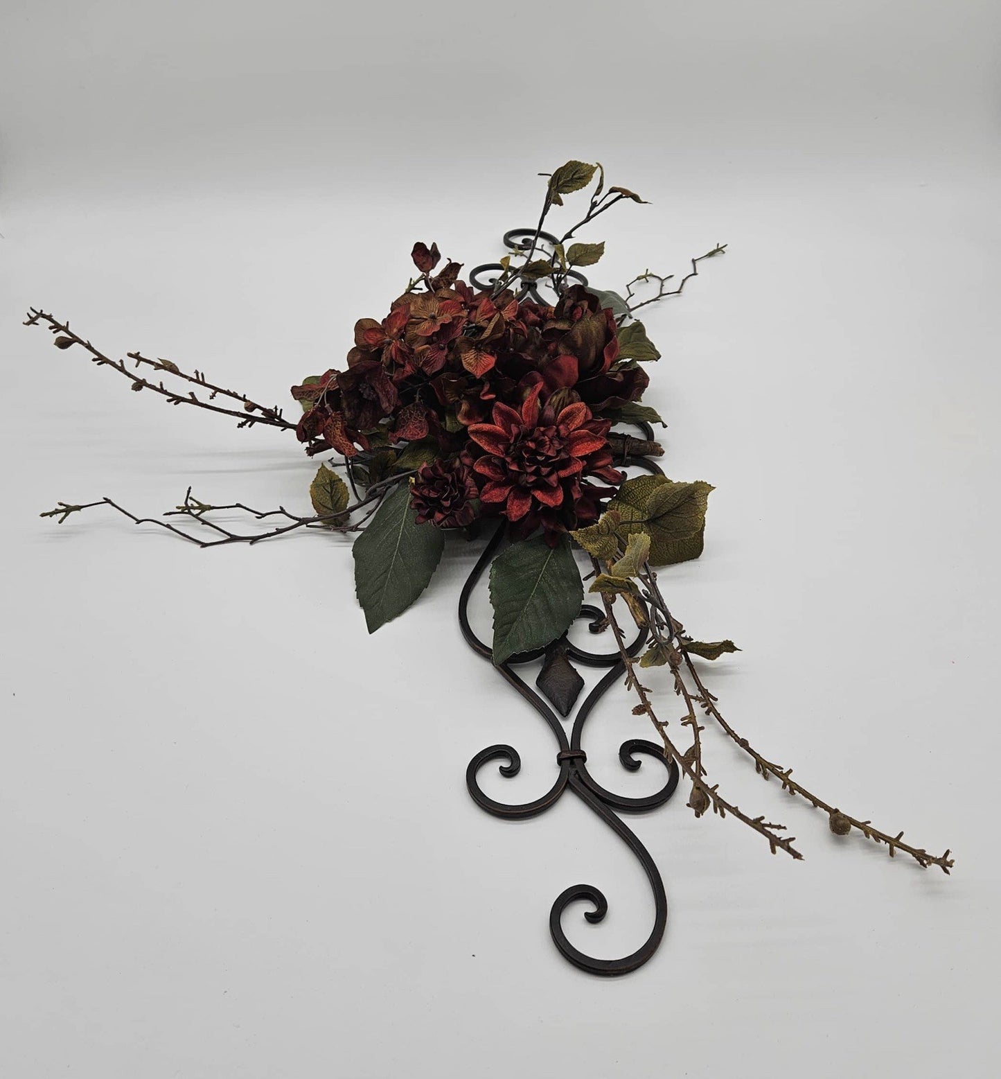 Metal Scroll Wall Décor with Faux Floral Arrangement Burgundy Red Fall Swag