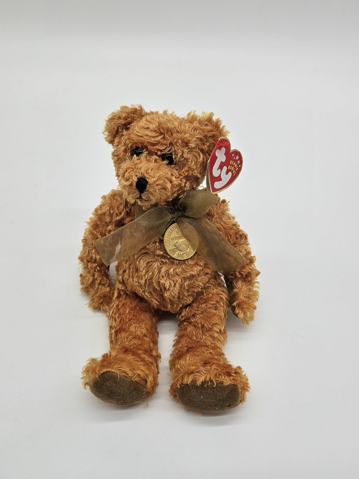 TY "TEDDY" Born Jan. 20th,2002. Medallion  100 Yrs. 1902-2002 , Gold Bear Brown