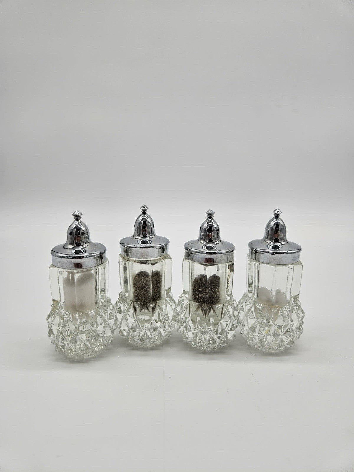 Vintage Cut Glass Salt & Pepper Shakers Set of 4 with Chrome Tops
