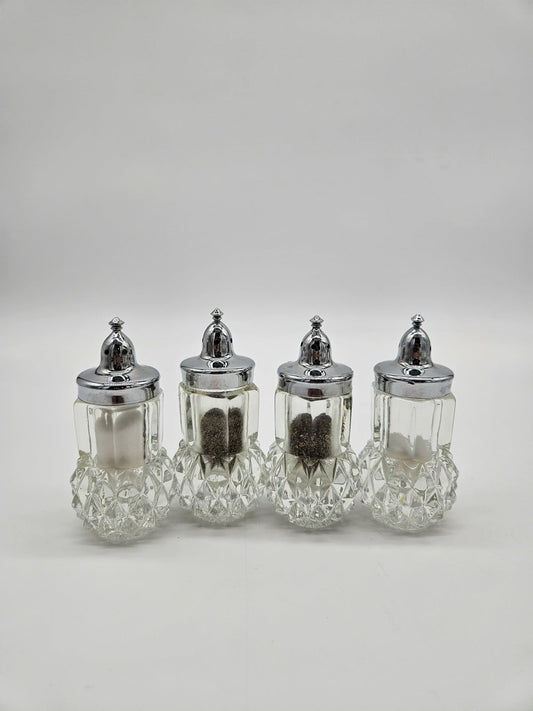Vintage Cut Glass Salt & Pepper Shakers Set of 4 with Chrome Tops
