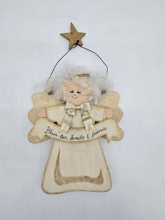 Vintage Wooden Angel Wall Hanging “Bless Our Family & Friends”