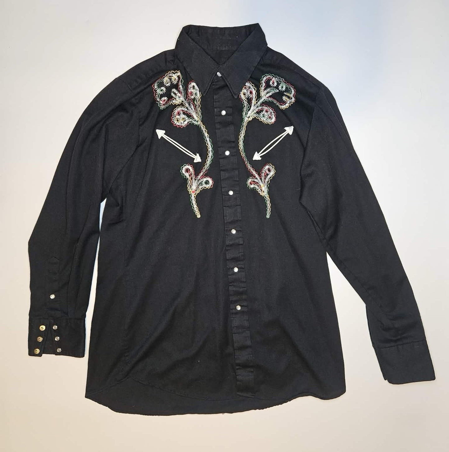 Sears Western Wear Pearl Snap Cowboy Shirt Black Floral Large