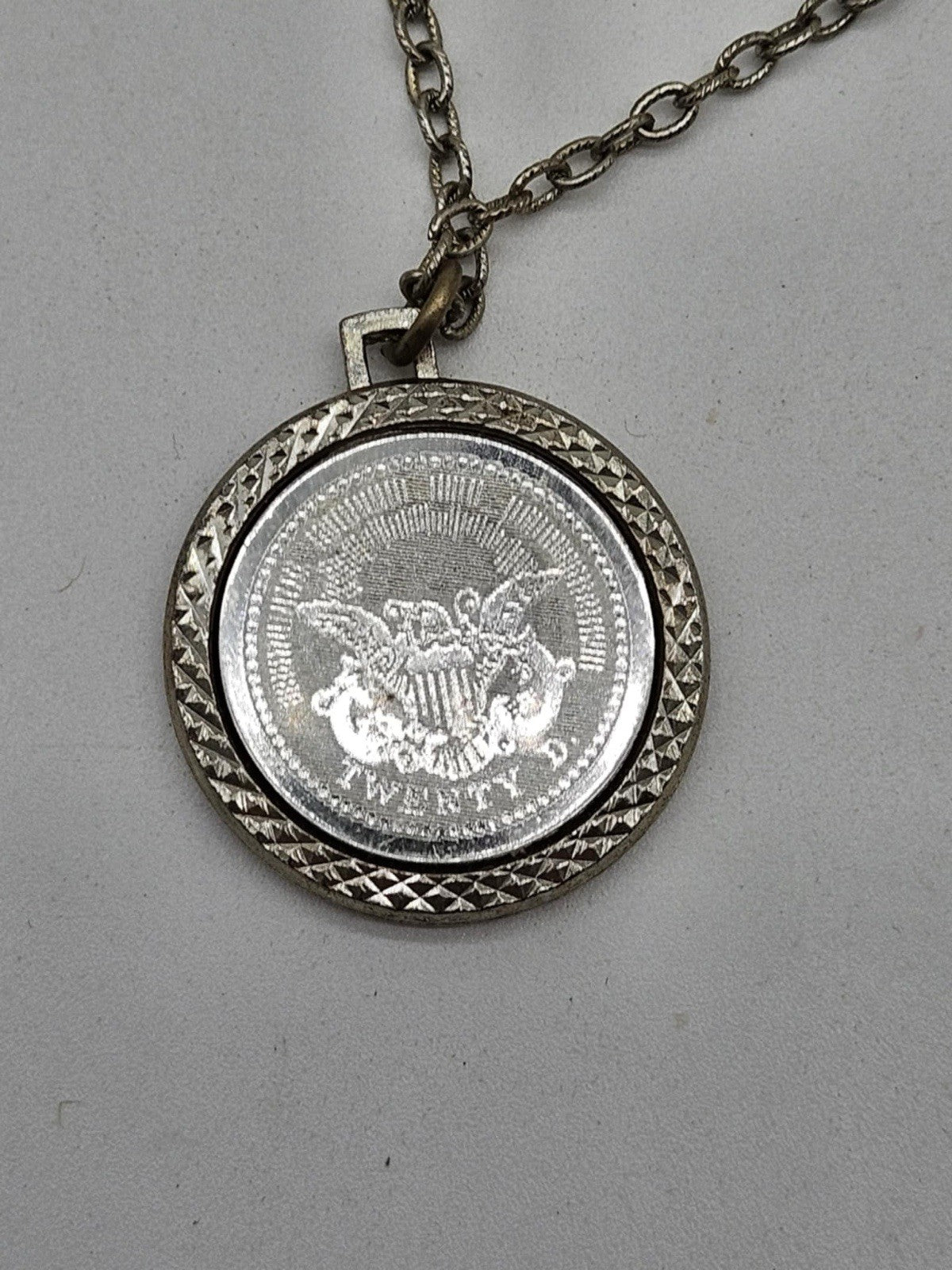 Vintage Bicentennial 1776 Twenty D Coin Necklace Pendant Silver Tone 12” Chain