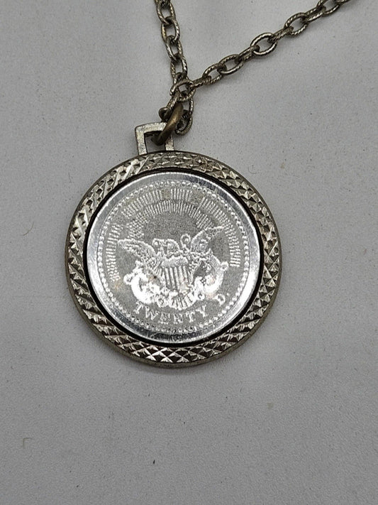 Vintage Bicentennial 1776 Twenty D Coin Necklace Pendant Silver Tone 12” Chain