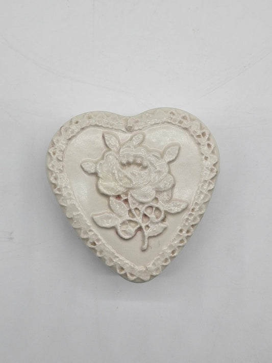 Vintage Ceramic Heart Trinket Box Rose Relief Signed Teresa 1986