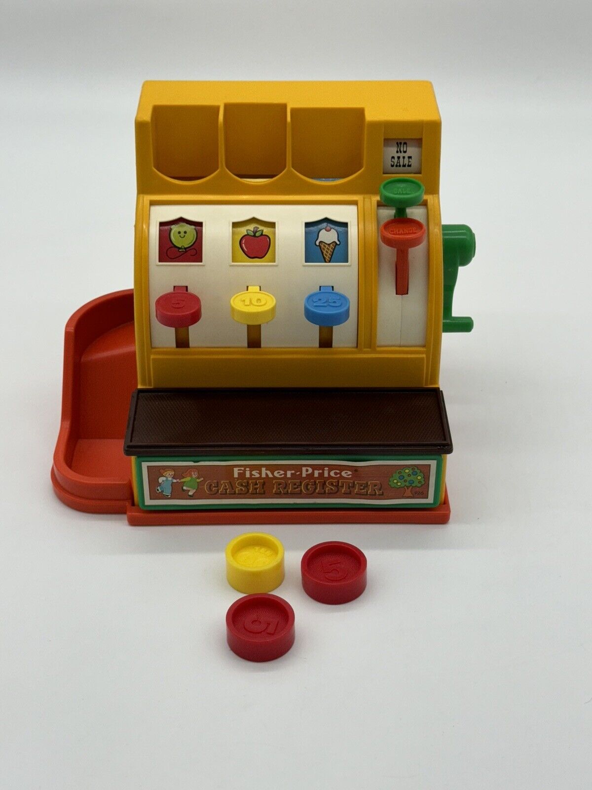 VINTAGE 1974 Fisher Price CASH REGISTER with WORKING BELL WITH  3 COINS