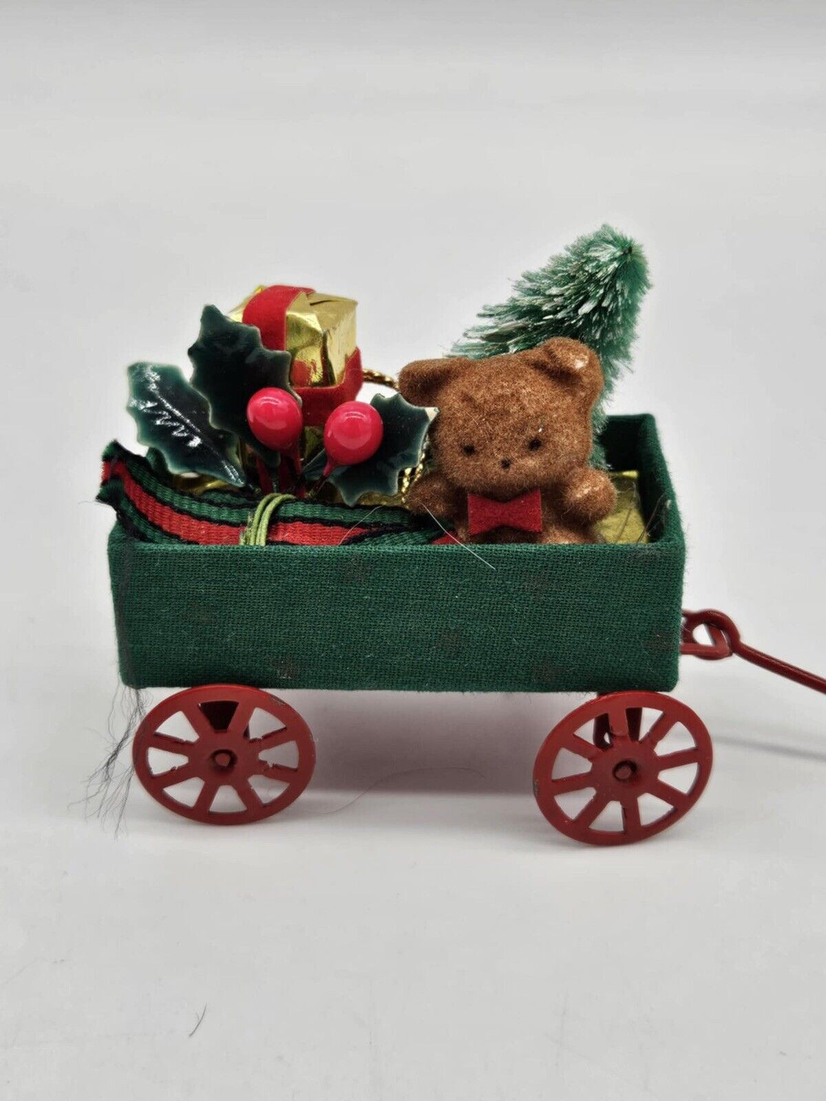 Vintage 1986 Applause Teddy Bear in a Wagon Christmas Miniatures Ornament