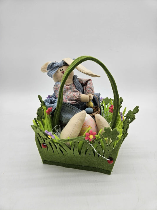 Easter Bunny Fabric Basket Décor with Eggs & Spring Details