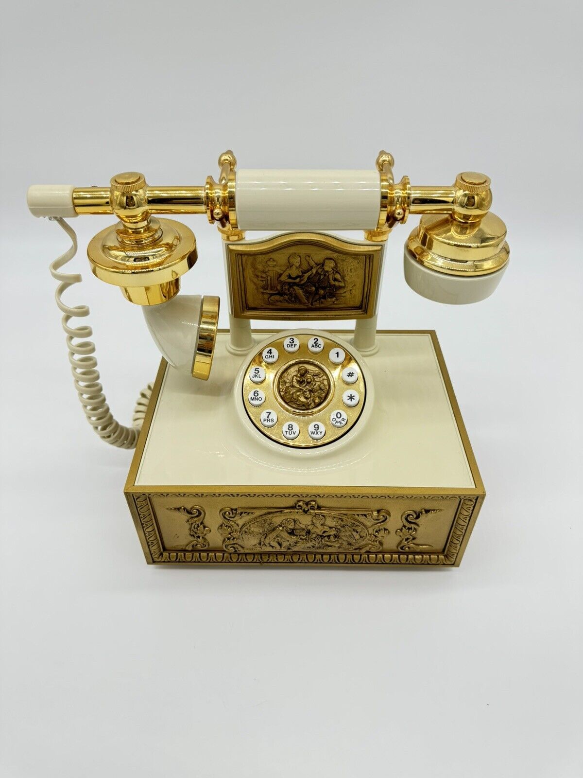 VINTAGE Telephone reproduction, Brass, Button, Desk Phone, Ivory WORKING