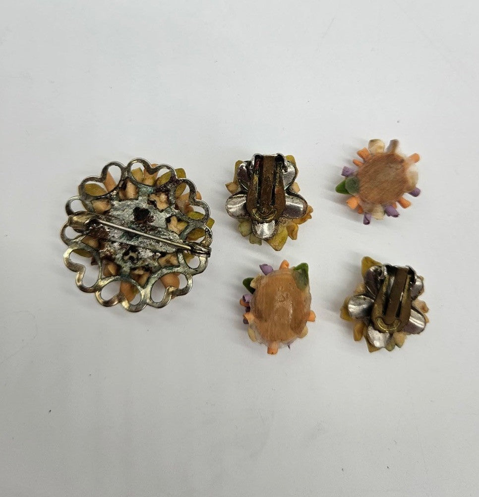 Vintage England Bone China Floral Pin & clip on Earring set
