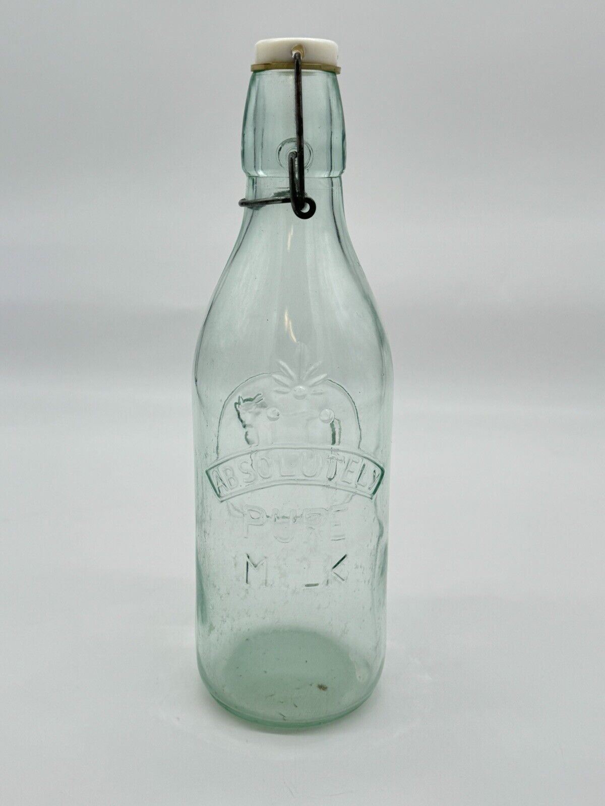 Vtg Absolutely Pure Milk Clear Glass Bottle Wire Rubber Stopper 3D Cow 11.5"