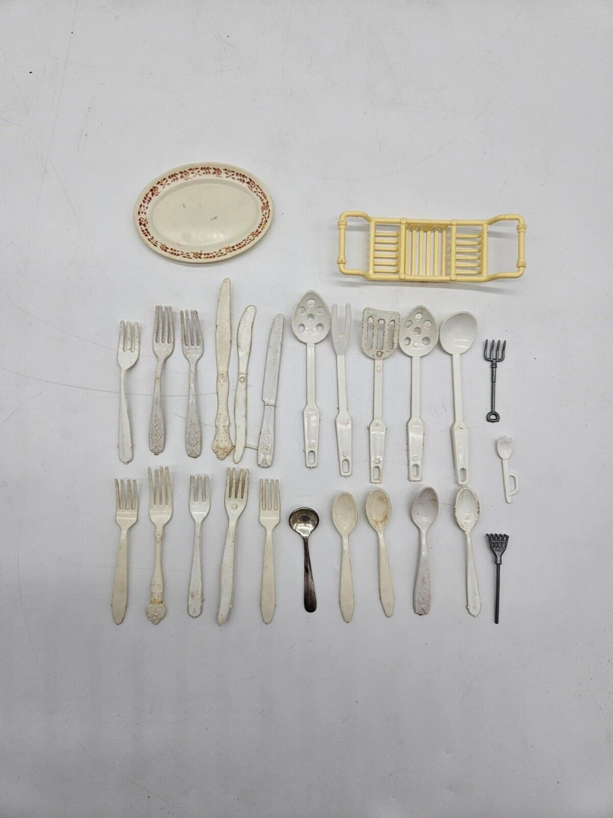 Vintage Dollhouse Miniature Kitchen Utensils With Tray Plastic / Wood