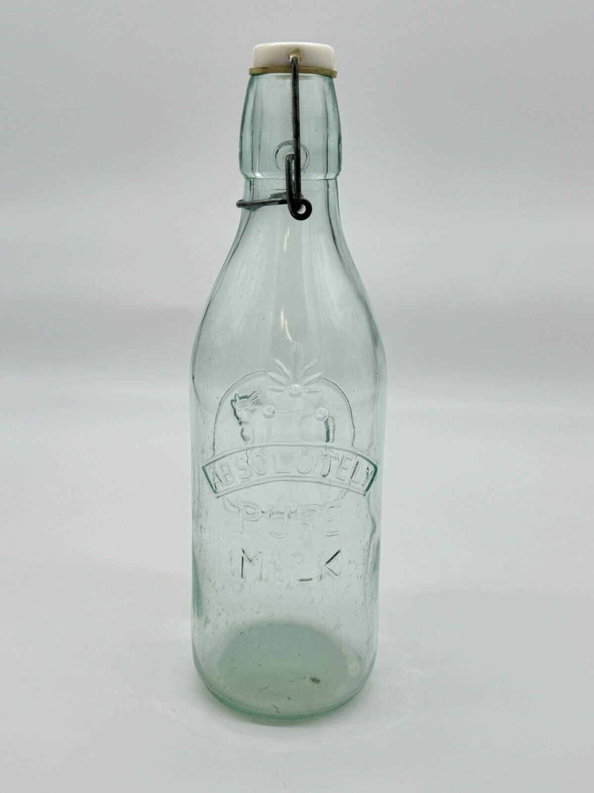 Vtg Absolutely Pure Milk Clear Glass Bottle Wire Rubber Stopper 3D Cow 11.5"