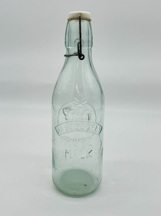 Vtg Absolutely Pure Milk Clear Glass Bottle Wire Rubber Stopper 3D Cow 11.5"