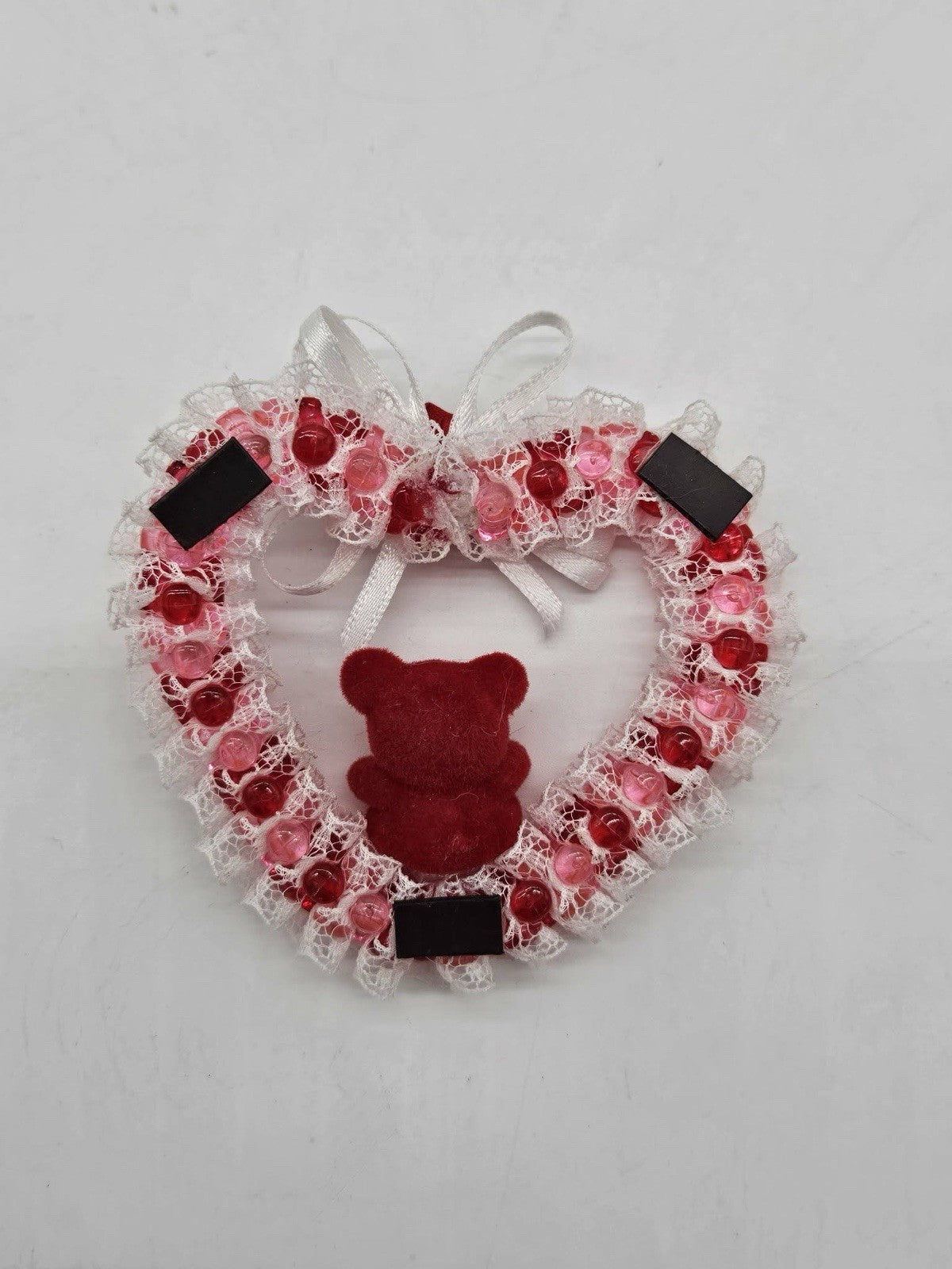 Handmade Valentine Heart Teddy Bear Fridge Magnet Lace Beaded Decor