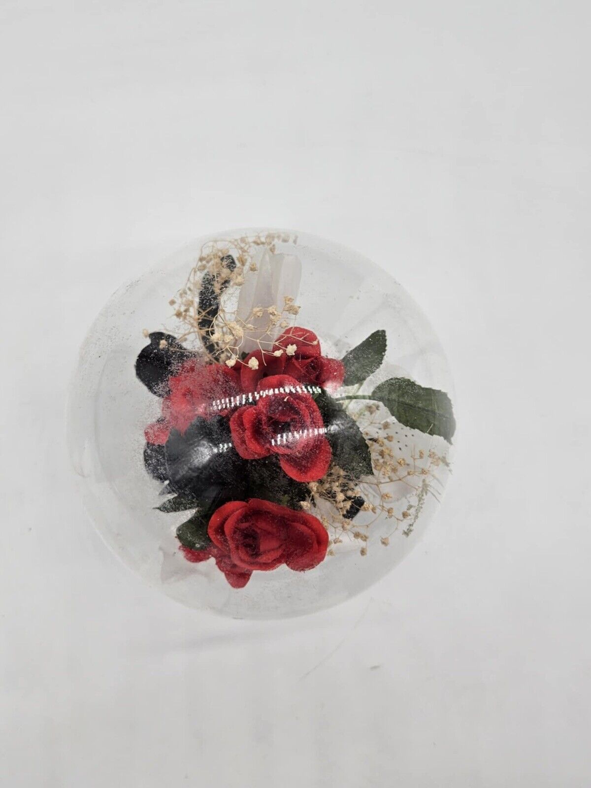 Vintage Floral Glass Globe Terrarium W/ Red Flower Centerpiece