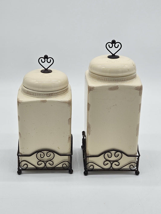 Cream Ceramic Kitchen Canister Set w Lids & Metal Rack LTD Commodities