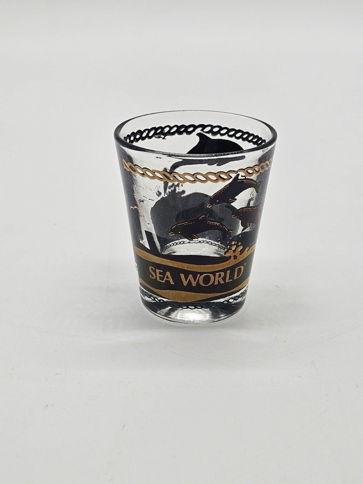 Vintage Sea World Orca Whale Black Gold Souvenir Shot Glass