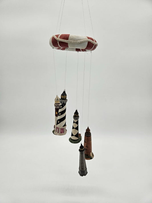 Nautical Lighthouse Hanging Mobile with Life Preserver Coastal Decor