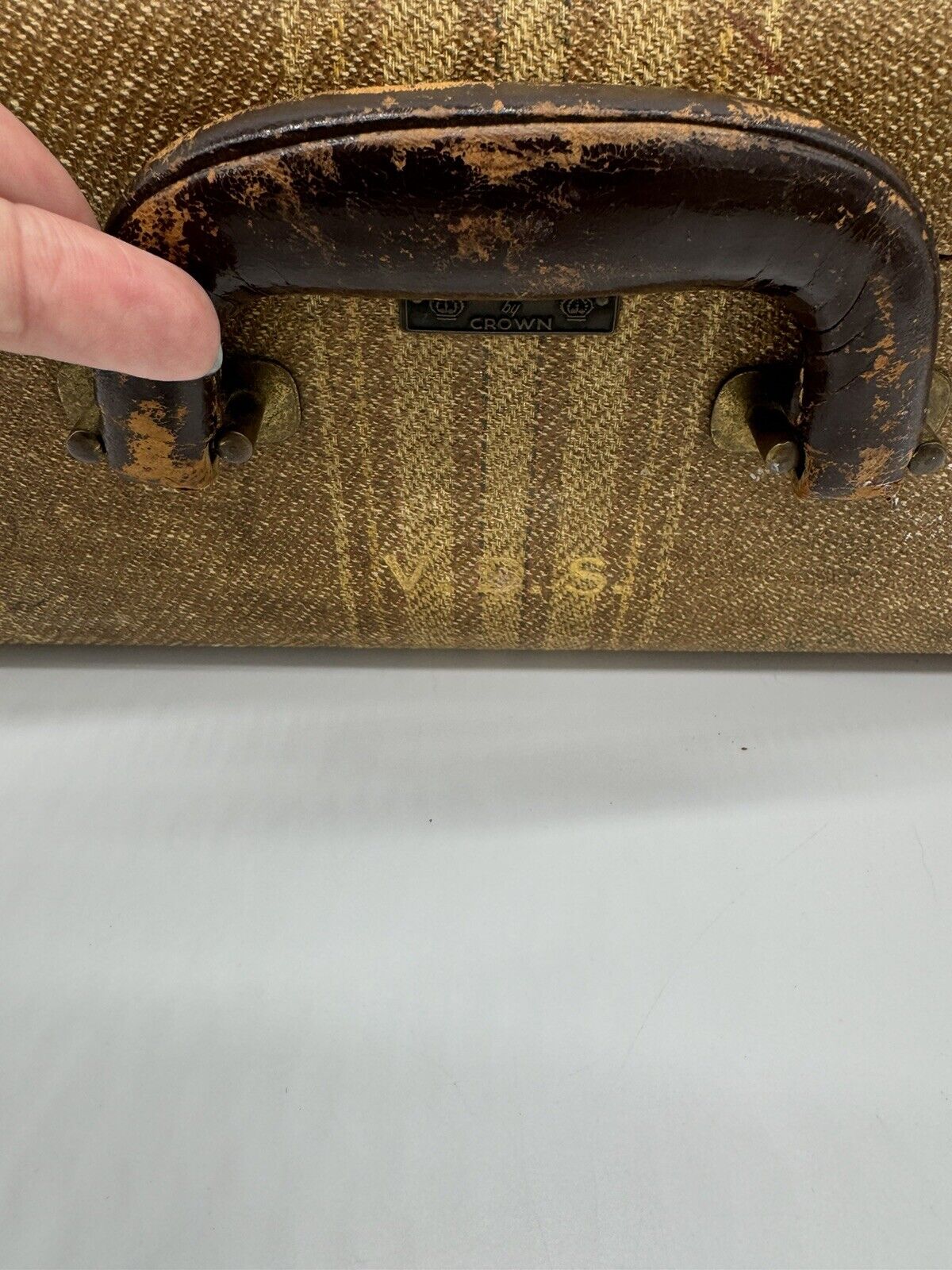 Vintage 1930-40s  Striped Suitcase By Crown W/Leather Trim