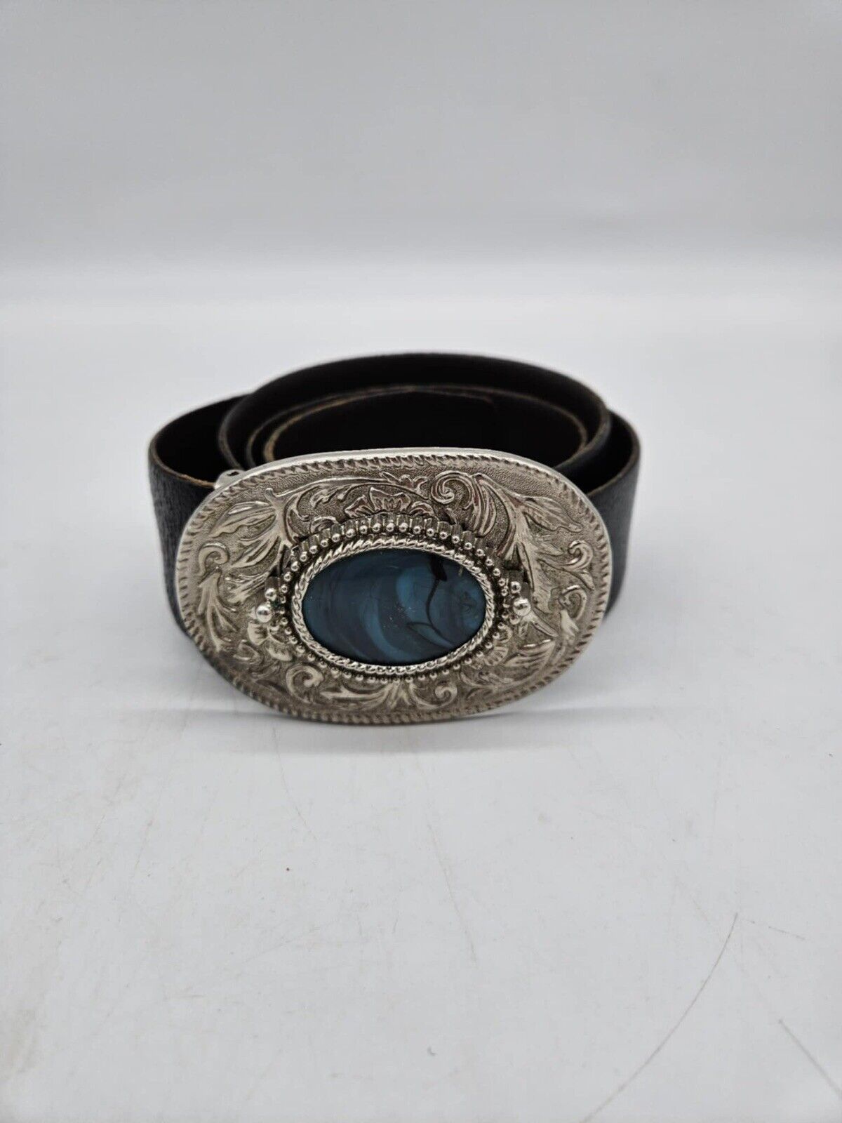 Vintage Silver Tone Belt Buckle Turquoise Oval