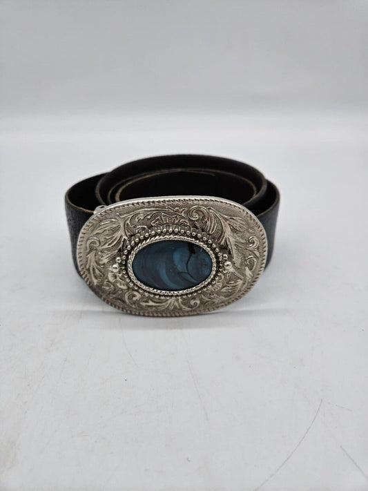 Vintage Silver Tone Belt Buckle Turquoise Oval
