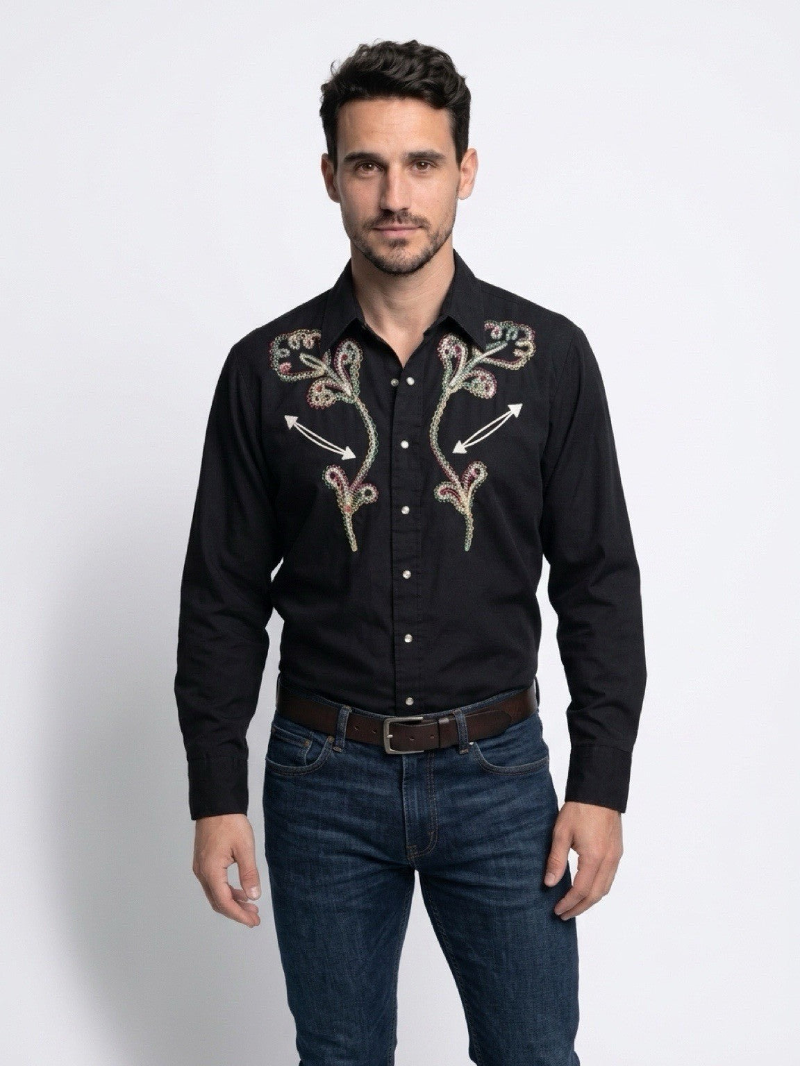 Sears Western Wear Pearl Snap Cowboy Shirt Black Floral Large