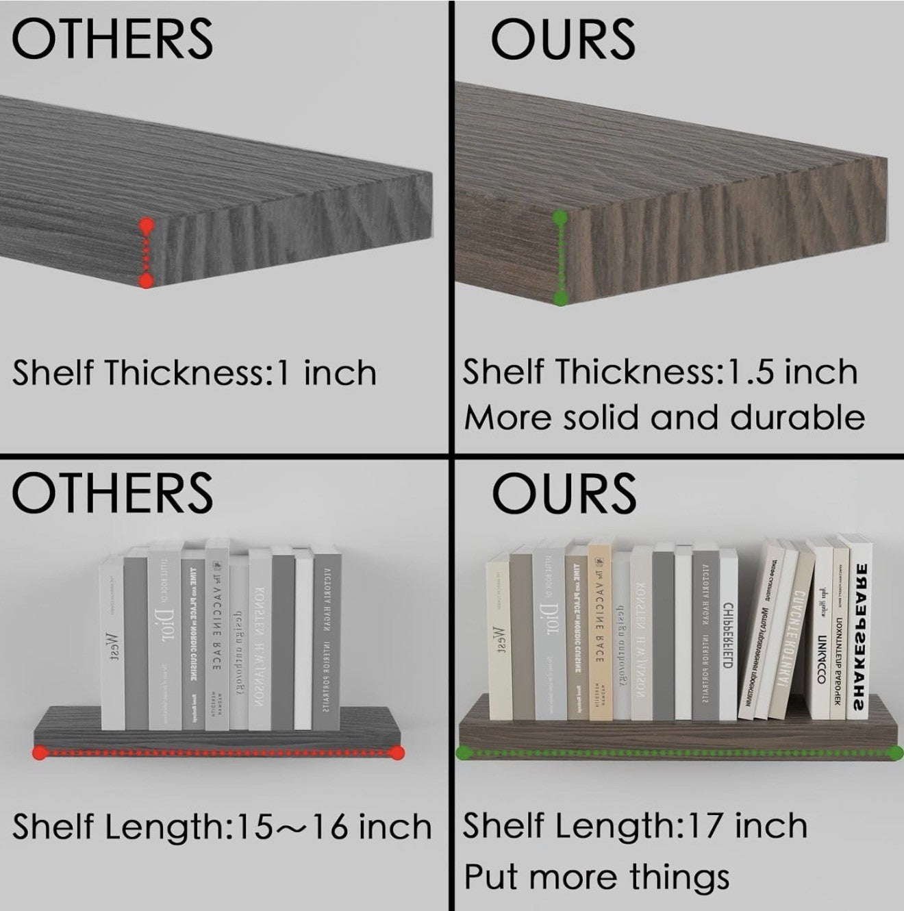 Floating Shelves for Wall- 17 Inch Natural Wood Shelves for 17" Rustic Brown