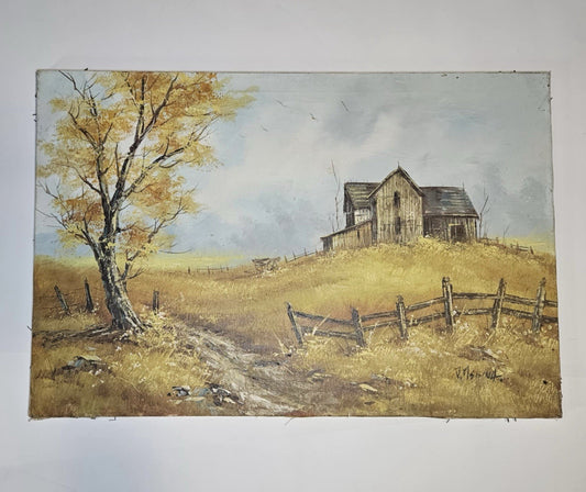 Original Oil Painting: Old Barn Rustic Scene, Vintage Canvas, Farm Life Decor