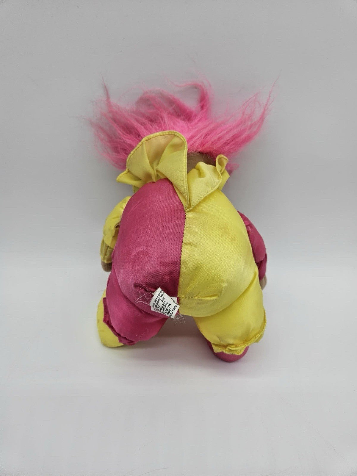Russ Berrie Troll Doll Clown Jester Soft Body Pink Yellow Play-suit Pink Hair