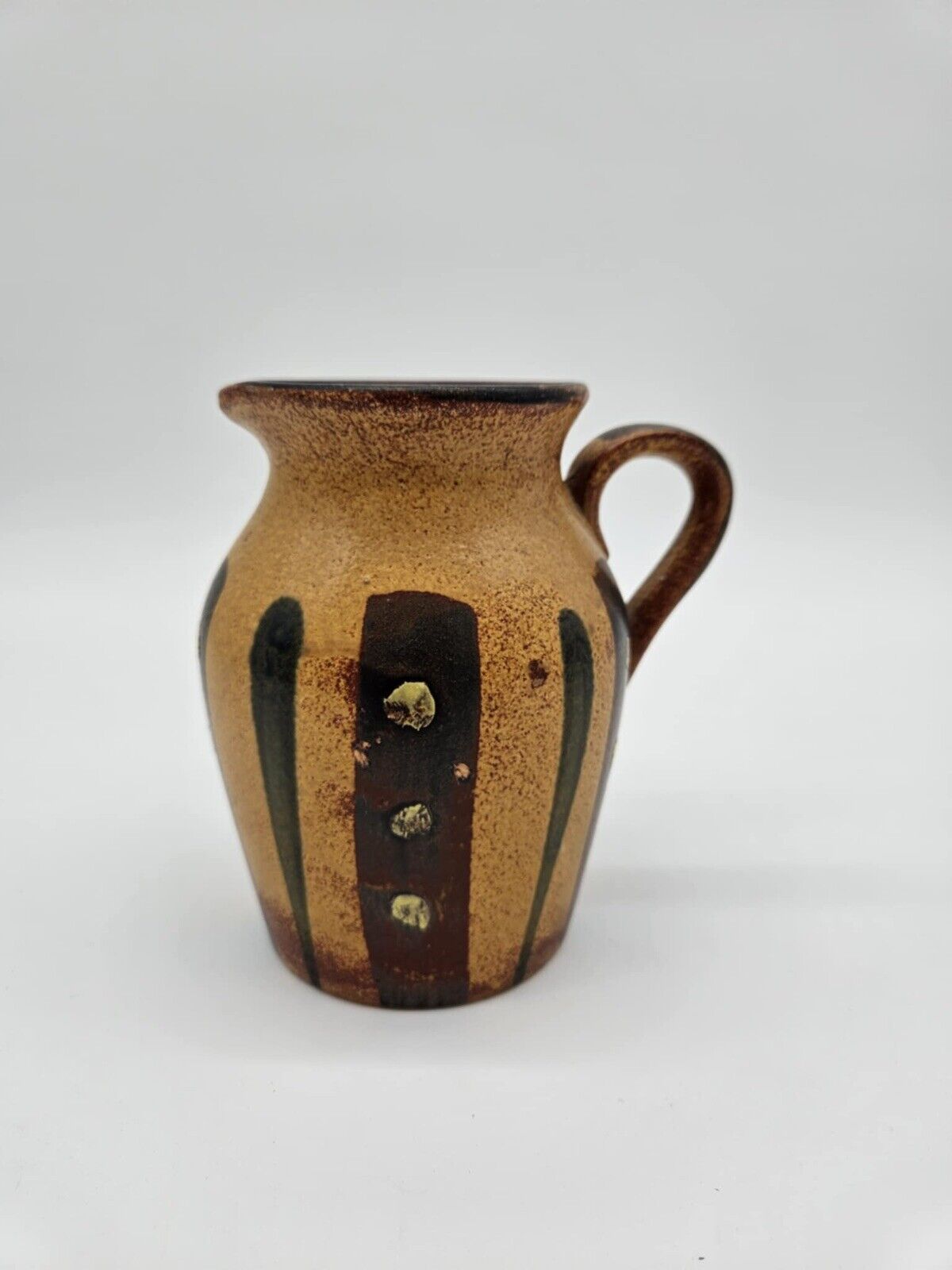 Small Pottery Pitcher Brown Tan Green Made in Vase Pourer