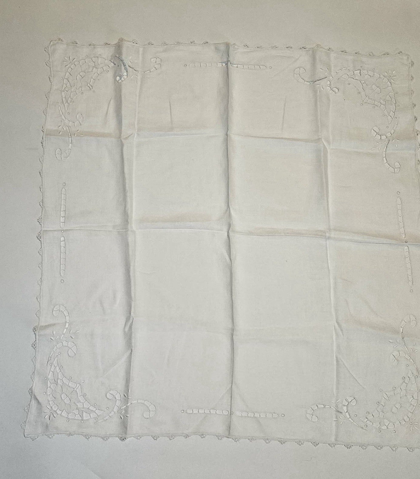 Antique Linen Tablecloth Intricate Lace Design  Cut-Outs 34" X 35" Embroidered