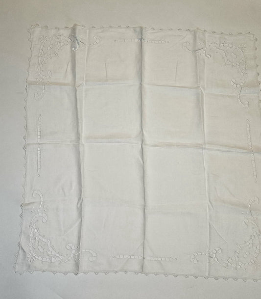 Antique Linen Tablecloth Intricate Lace Design  Cut-Outs 34" X 35" Embroidered