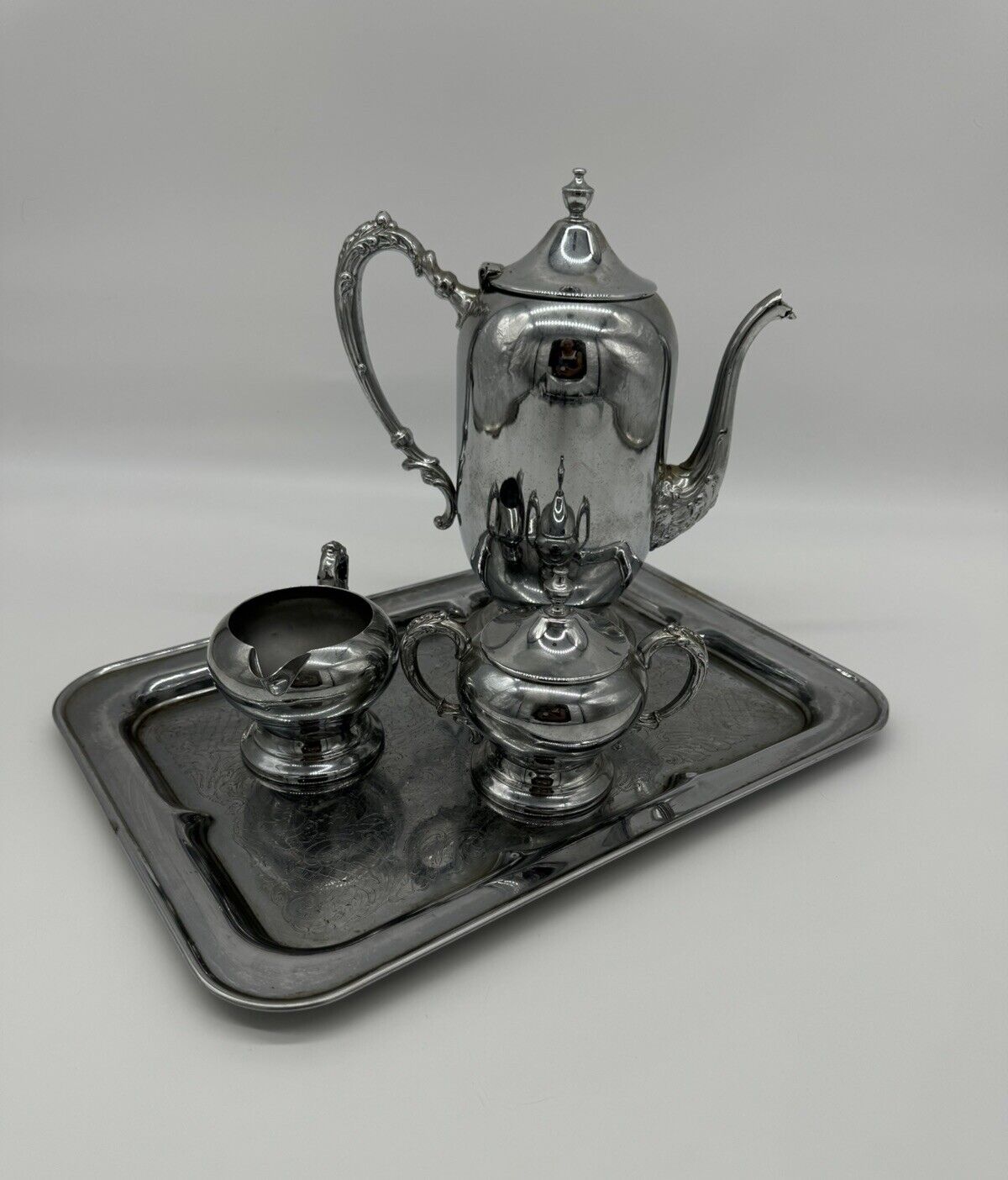Vtg Danny Wilson Original Chrome Teapot, Creamer, Covered Sugar & Serving Tray