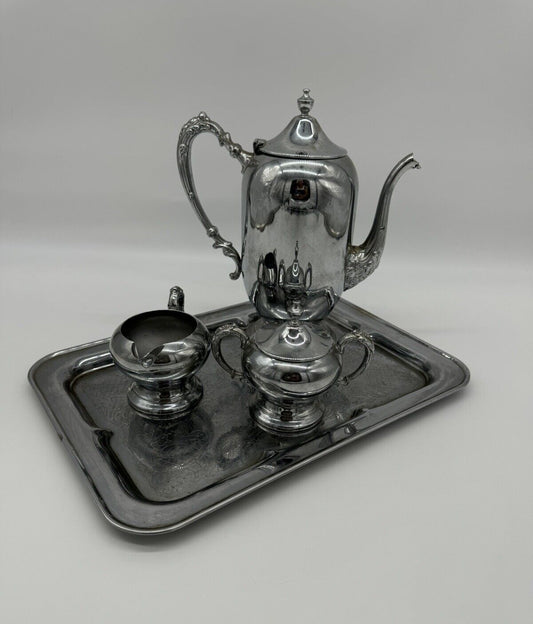 Vtg Danny Wilson Original Chrome Teapot, Creamer, Covered Sugar & Serving Tray