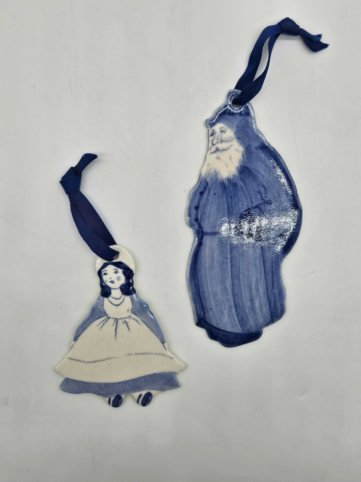 Vintage Blue & White Pottery Christmas Ornaments Santa & Little Girl Lot
